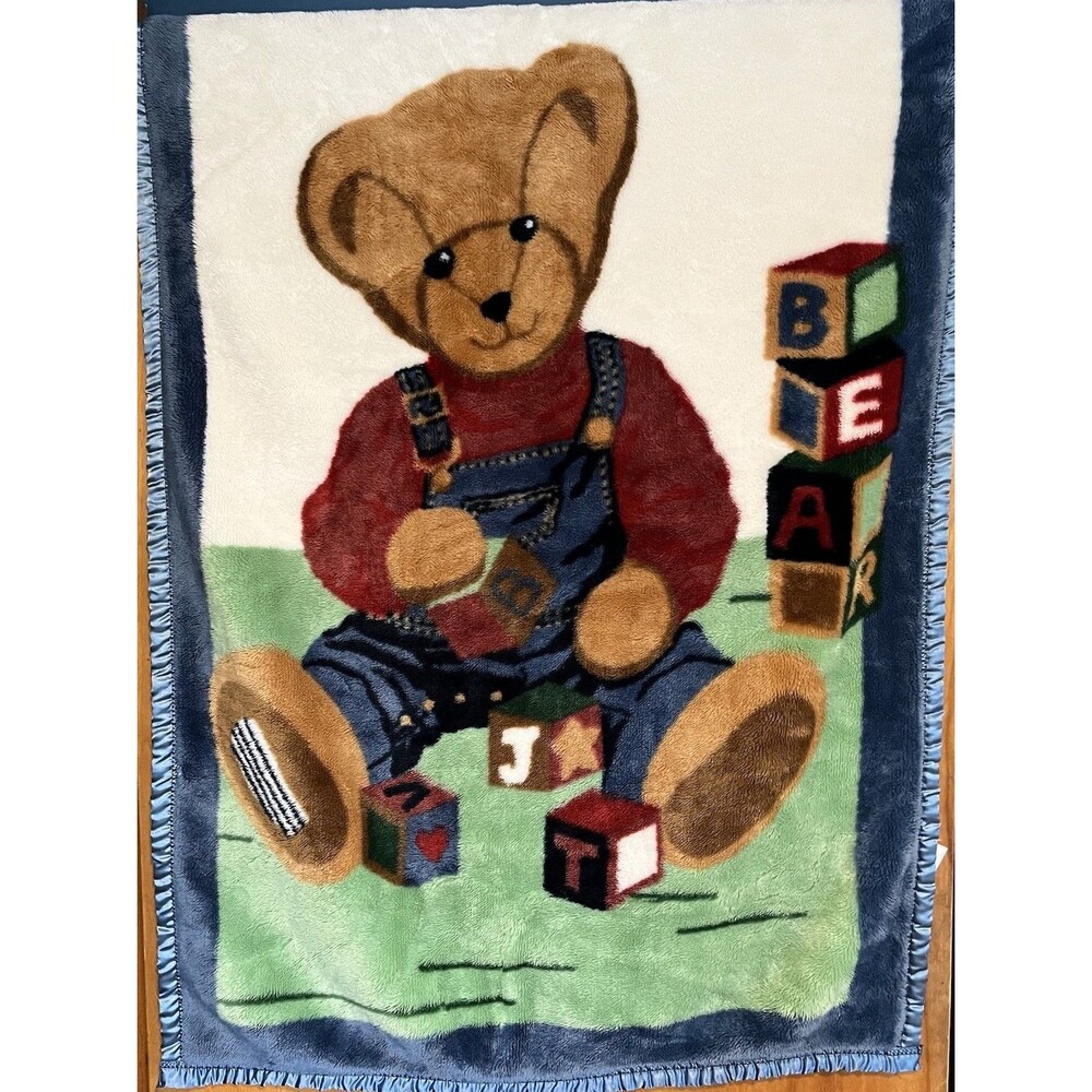VTG Blue Jean Teddy Bear Baby Blanket Minky BEAR Blocks BJT Satin Trim HTF 15582